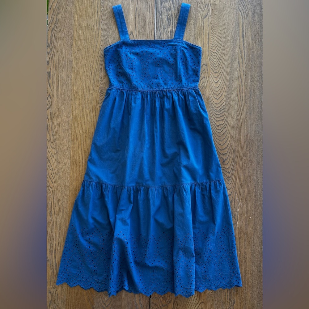 Uniglo Cotton Sun Midi Dress Eyelet Smocked Pockets Blue Size XS Women's - Picture 2 of 16